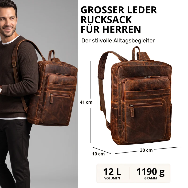 "Gilbert" Großer Leder Rucksack Herren Laptop 15 - 16 Zoll