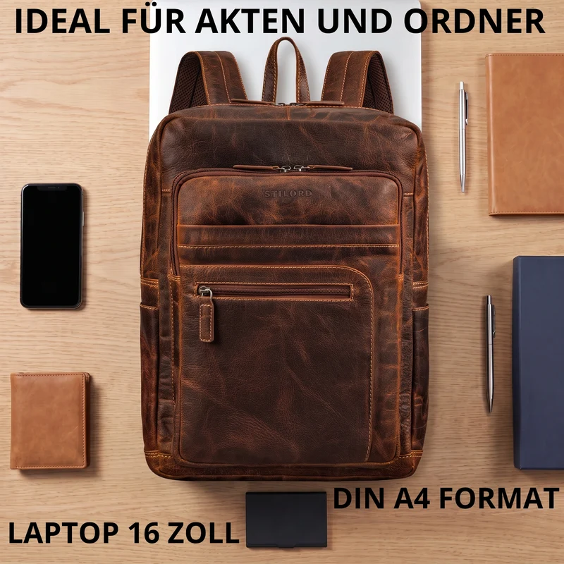 "Gilbert" Großer Leder Rucksack Herren Laptop 15 - 16 Zoll