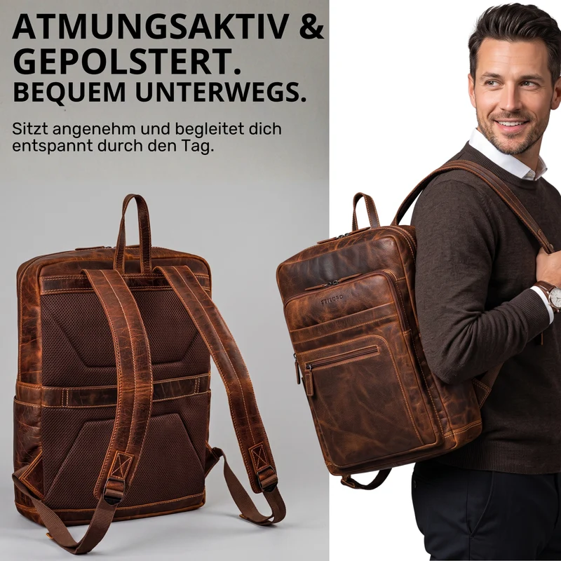 "Gilbert" Großer Leder Rucksack Herren Laptop 15 - 16 Zoll