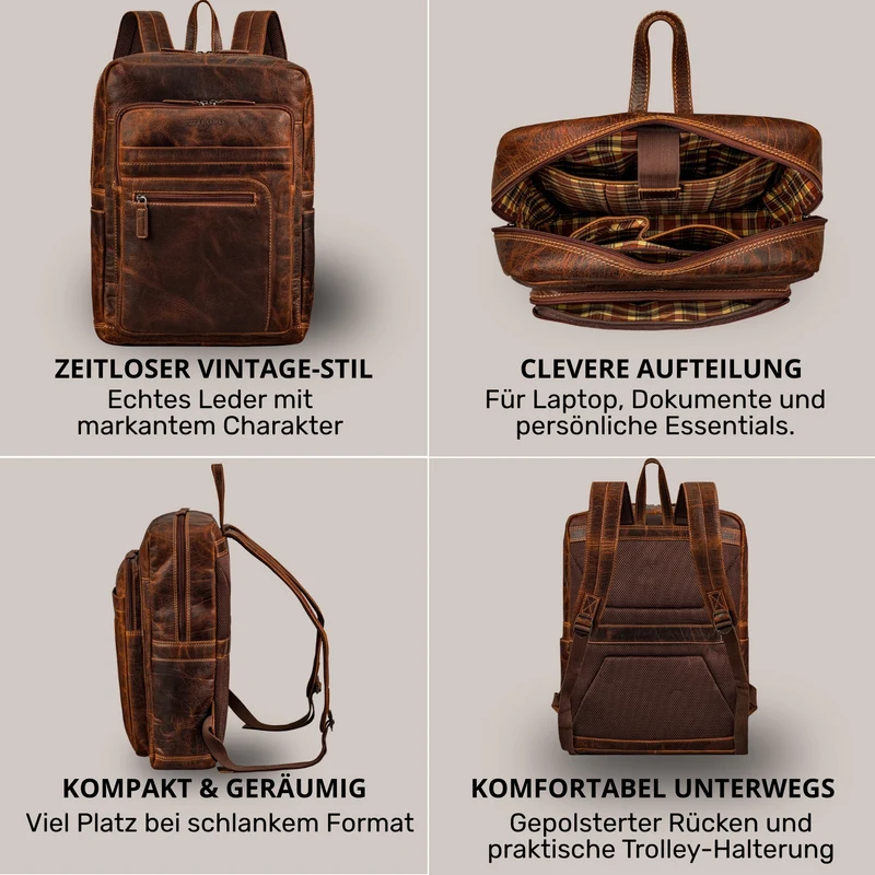 "Gilbert" Großer Leder Rucksack Herren Laptop 15 - 16 Zoll