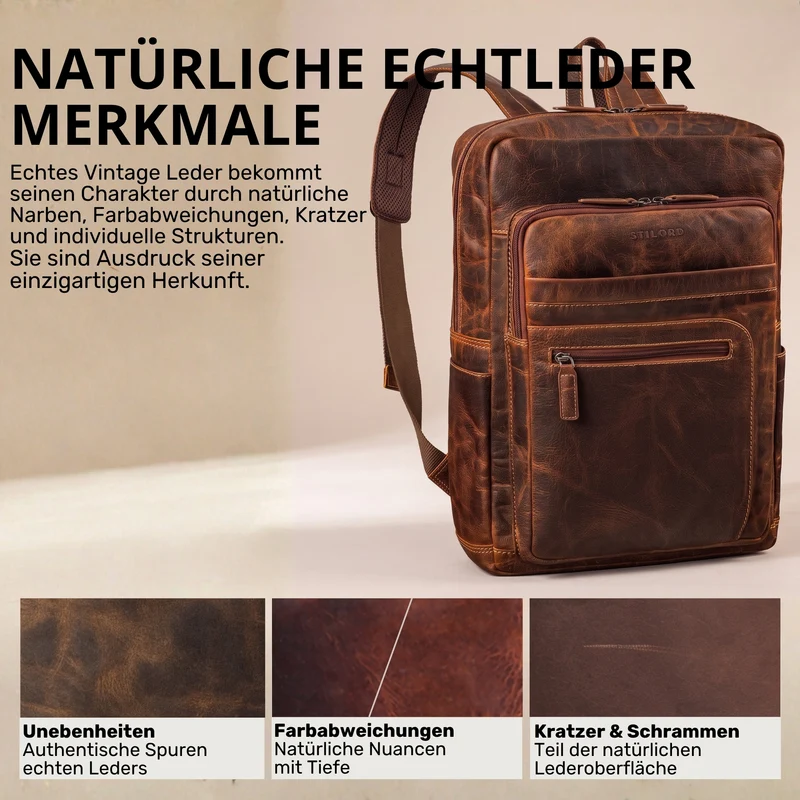 "Gilbert" Großer Leder Rucksack Herren Laptop 15 - 16 Zoll