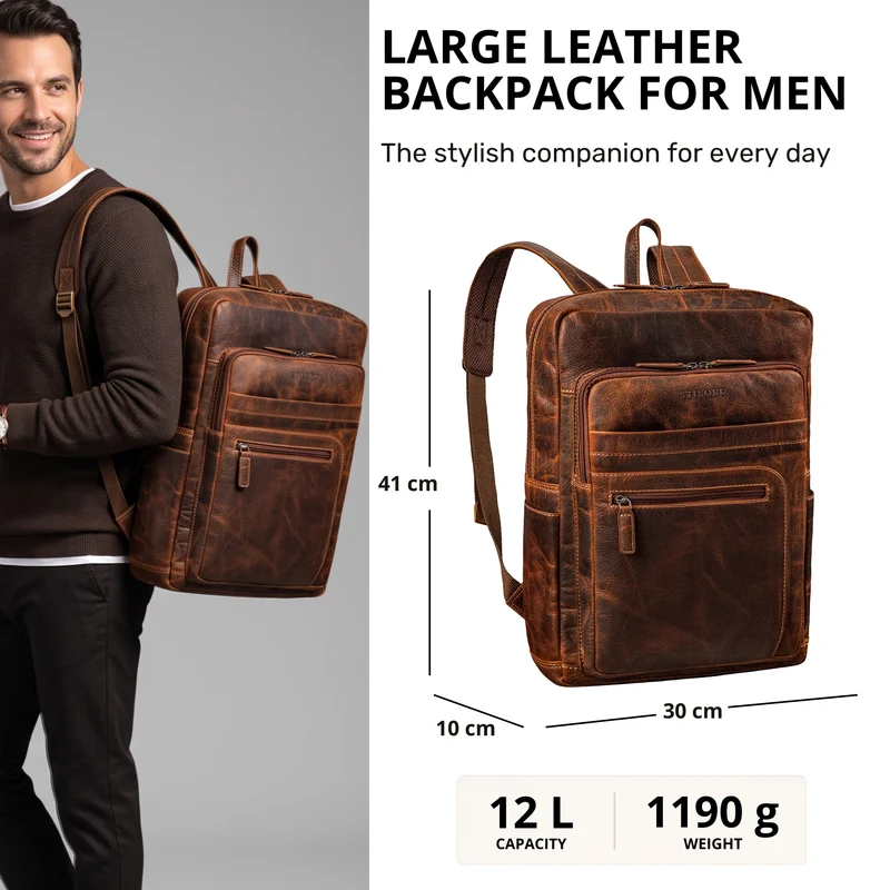 "Gilbert" Großer Leder Rucksack Herren Laptop 15 - 16 Zoll