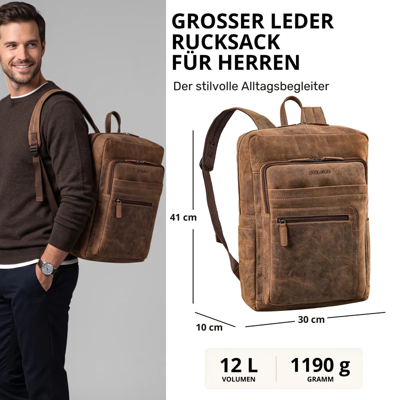 "Gilbert" Großer Leder Rucksack Herren Laptop 15 - 16 Zoll