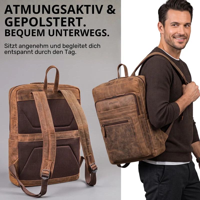 "Gilbert" Großer Leder Rucksack Herren Laptop 15 - 16 Zoll