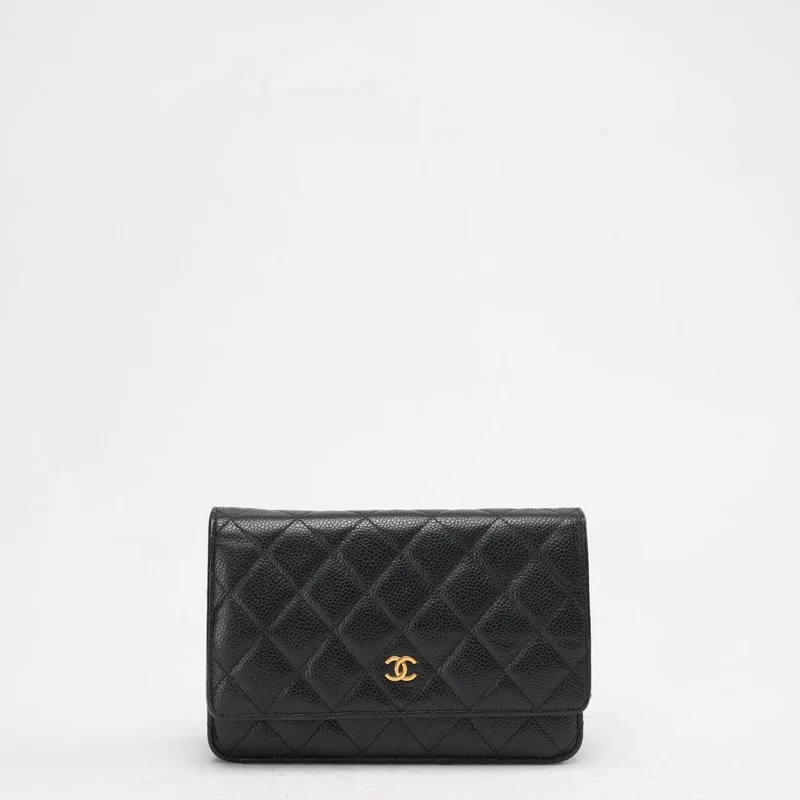 Chanel Schwarze klassische Brieftasche mit Kette (WOC) Caviar 2014