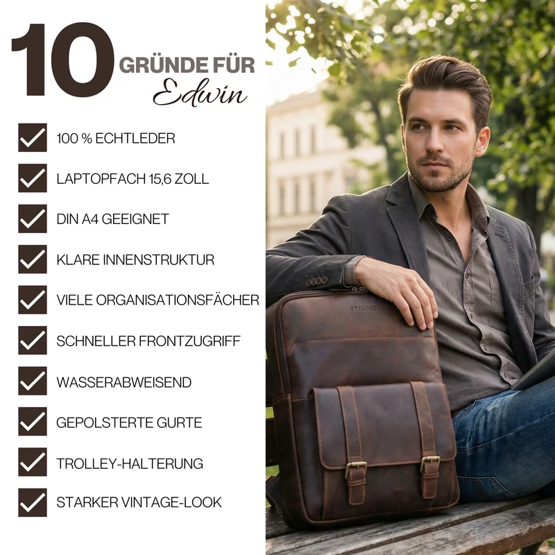 "Edwin" Vintage Business Rucksack Herren Leder 15.6-16 Zoll