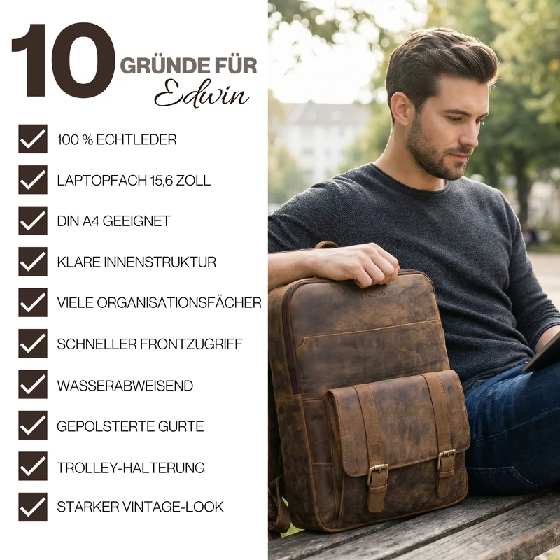 "Edwin" Vintage Business Rucksack Herren Leder 15.6-16 Zoll