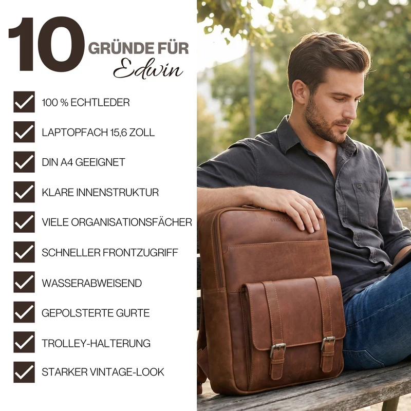 "Edwin" Vintage Business Rucksack Herren Leder 15.6-16 Zoll