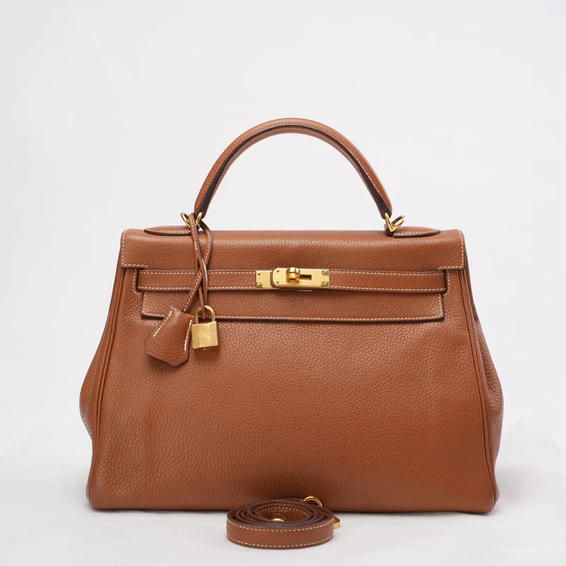 Hermès Kelly 32 cm Tasche aus goldenem Clemence-Leder mit goldener Hardware 2015