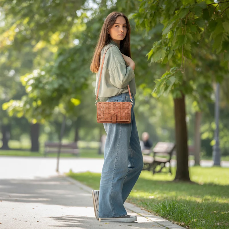 "Carmen" Geflochtene Braune Ledertasche für Damen