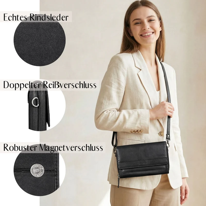 "Sabrina" 4-in-1 XL Geldbörse Damen Leder zum Umhängen mit Handyfach