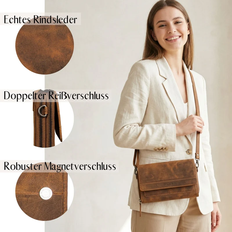 "Sabrina" 4-in-1 XL Geldbörse Damen Leder zum Umhängen mit Handyfach