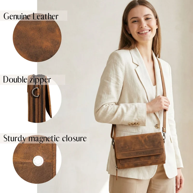 "Sabrina" 4-in-1 XL Geldbörse Damen Leder zum Umhängen mit Handyfach