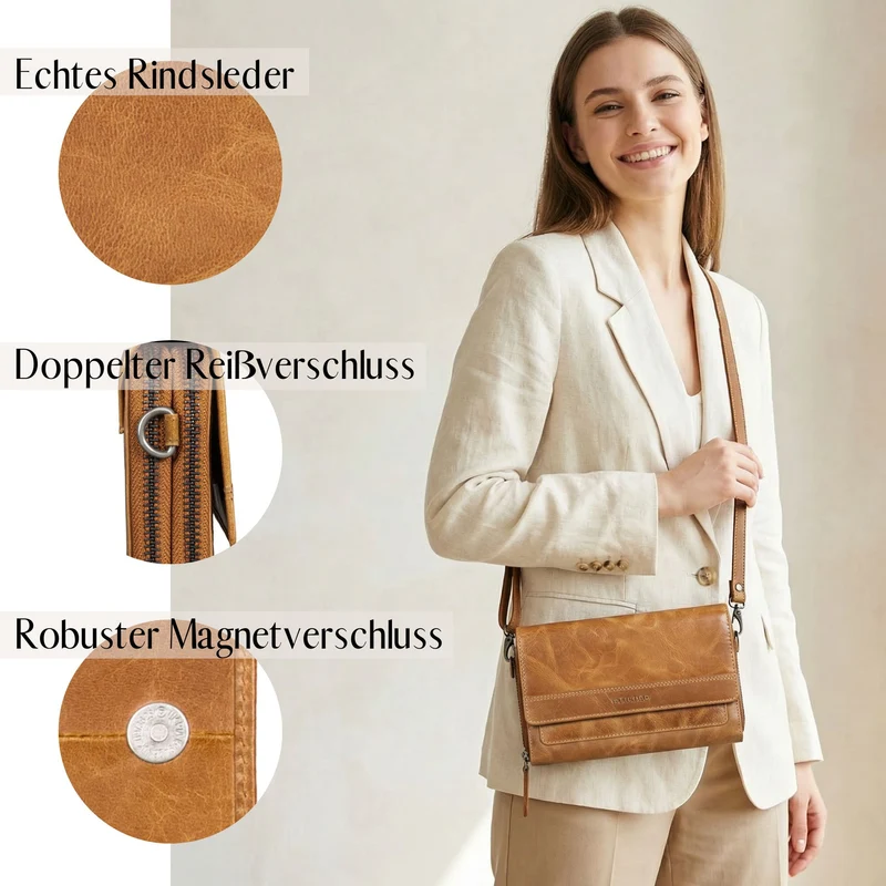 "Sabrina" 4-in-1 XL Geldbörse Damen Leder zum Umhängen mit Handyfach