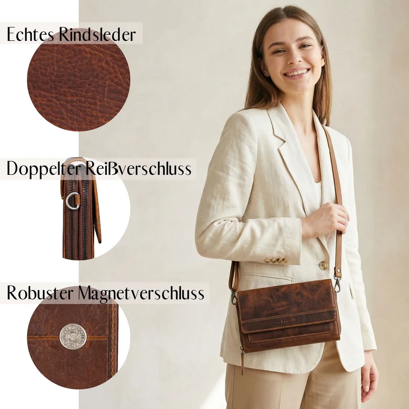 "Sabrina" 4-in-1 XL Geldbörse Damen Leder zum Umhängen mit Handyfach