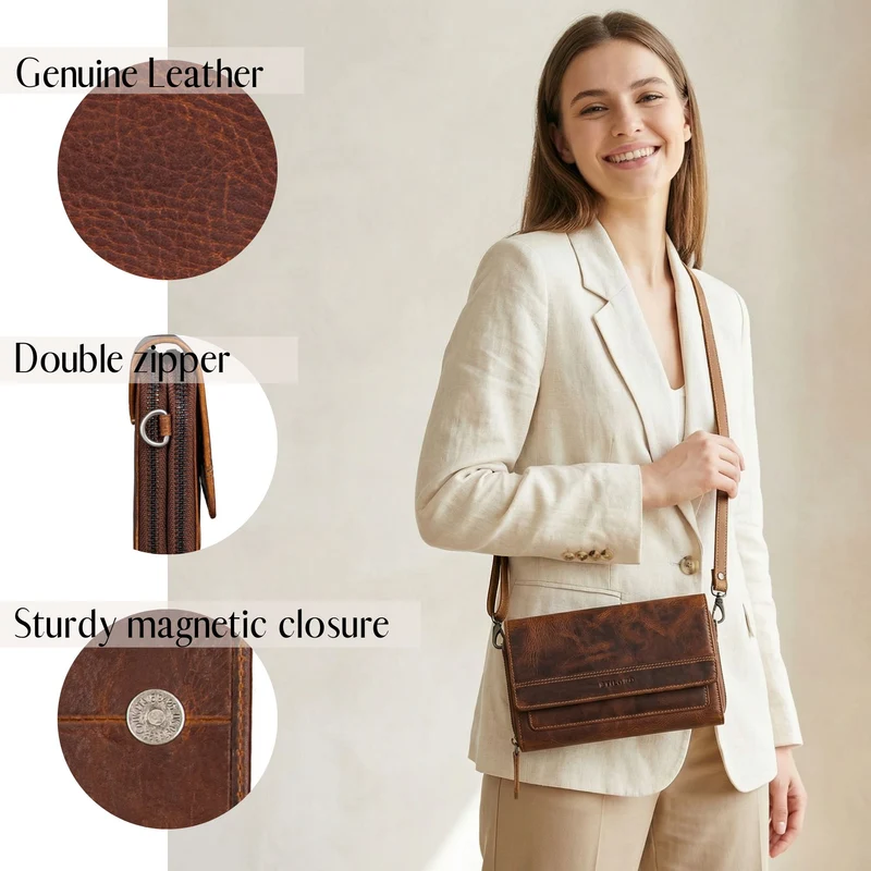"Sabrina" 4-in-1 XL Geldbörse Damen Leder zum Umhängen mit Handyfach