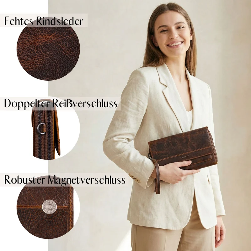 "Sabrina" 4-in-1 XL Geldbörse Damen Leder zum Umhängen mit Handyfach