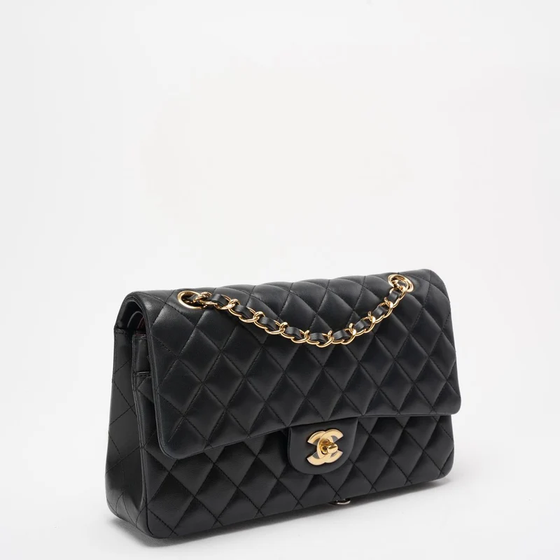 Chanel Schwarze Doppelklappe Tasche Medium Lammleder