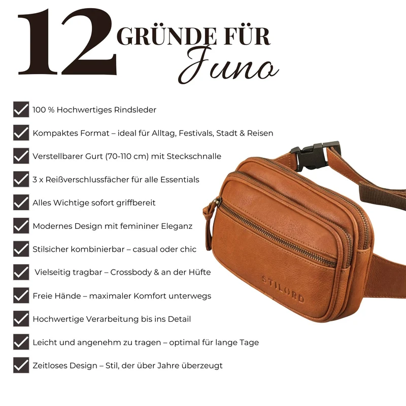 "Juno" Große Bauchtasche Damen Leder für Freizeit Festival Reisen