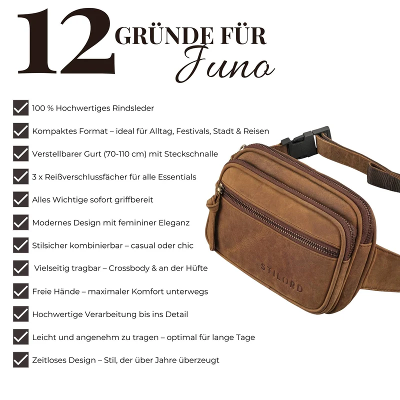 "Juno" Große Bauchtasche Damen Leder für Freizeit Festival Reisen