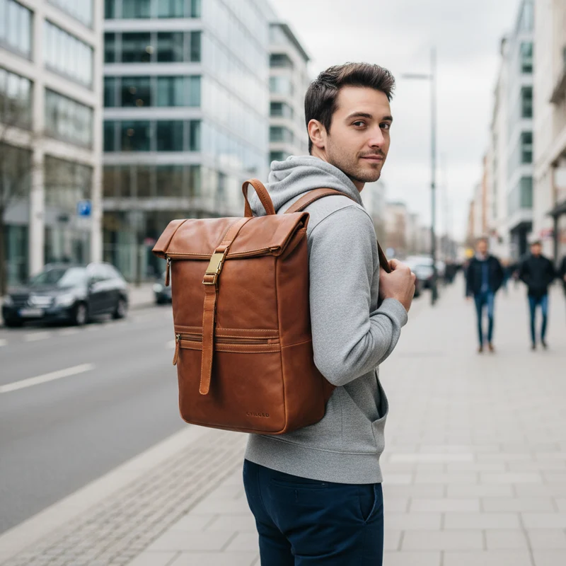 "Cairo" Vintage Kurierrucksack Rolltop Leder groß Herren