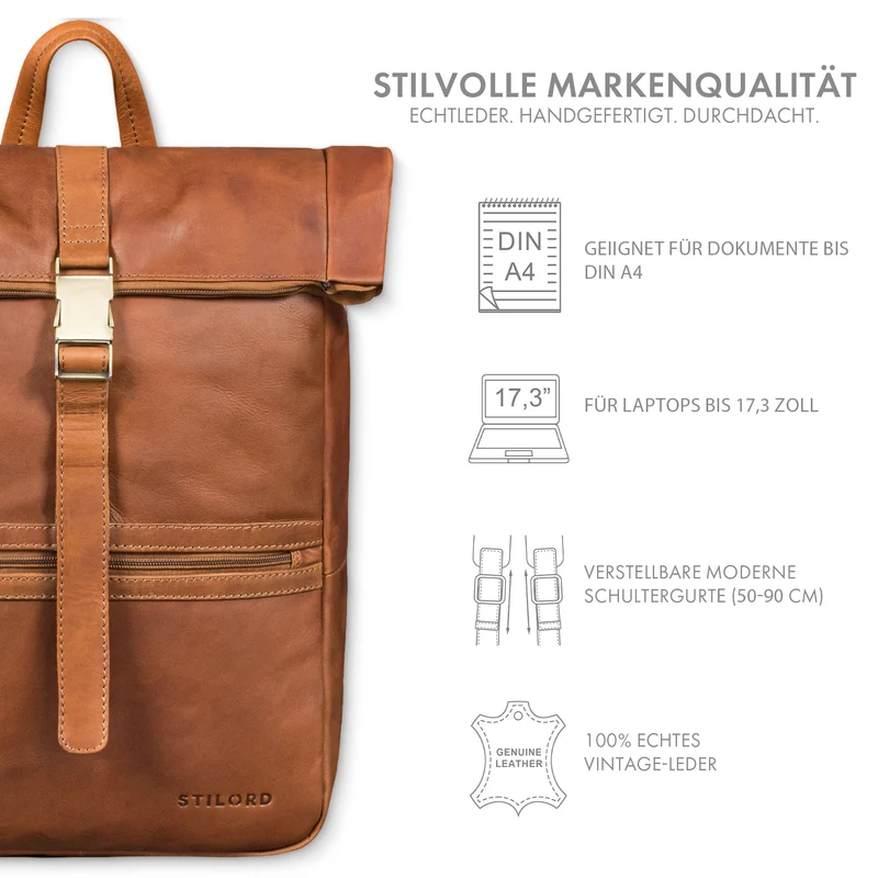 "Cairo" Vintage Kurierrucksack Rolltop Leder groß Herren