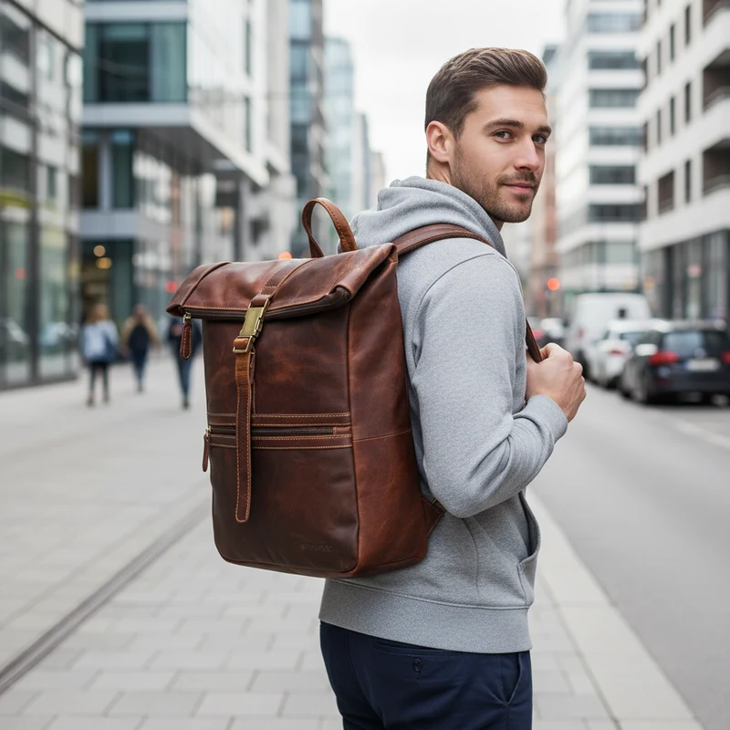 "Cairo" Vintage Kurierrucksack Rolltop Leder groß Herren
