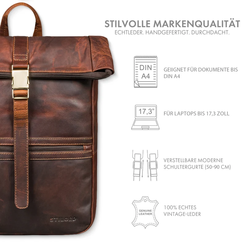 "Cairo" Vintage Kurierrucksack Rolltop Leder groß Herren