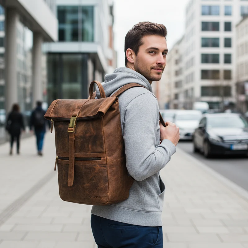 "Cairo" Vintage Kurierrucksack Rolltop Leder groß Herren