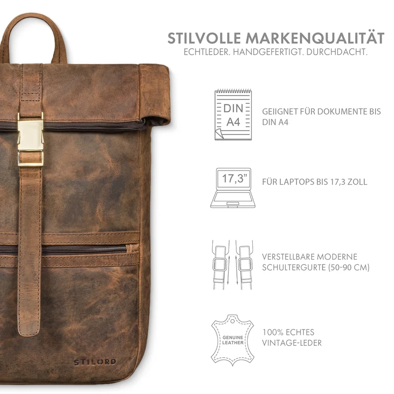 "Cairo" Vintage Kurierrucksack Rolltop Leder groß Herren