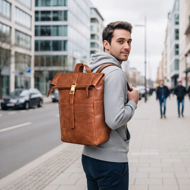"Cairo" Vintage Kurierrucksack Rolltop Leder groß Herren