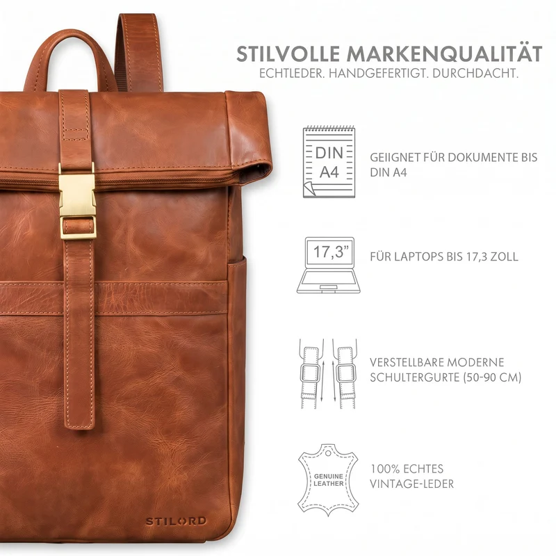 "Cairo" Vintage Kurierrucksack Rolltop Leder groß Herren