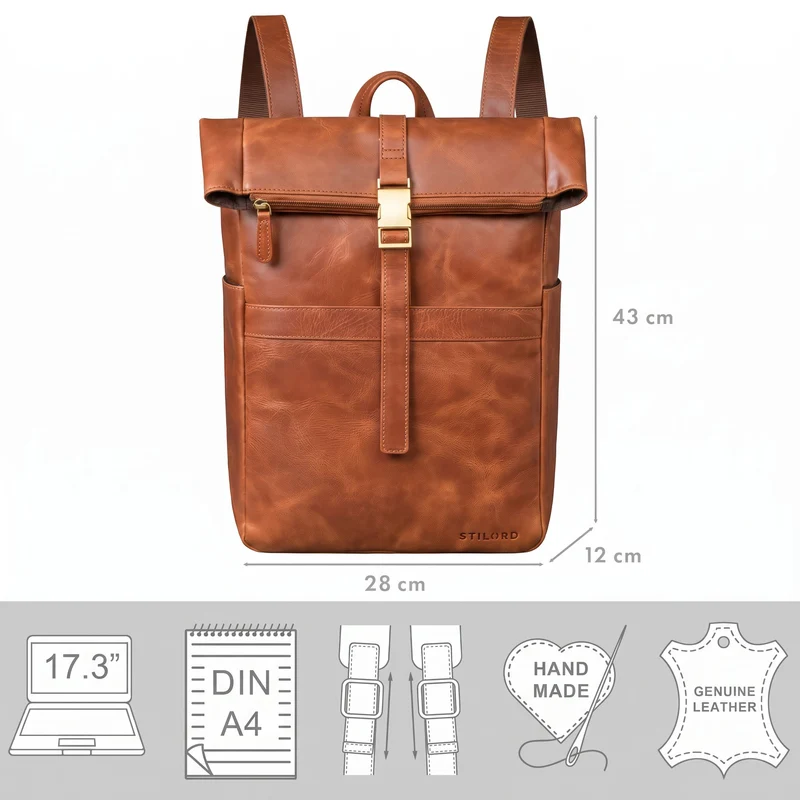 "Cairo" Vintage Kurierrucksack Rolltop Leder groß Herren
