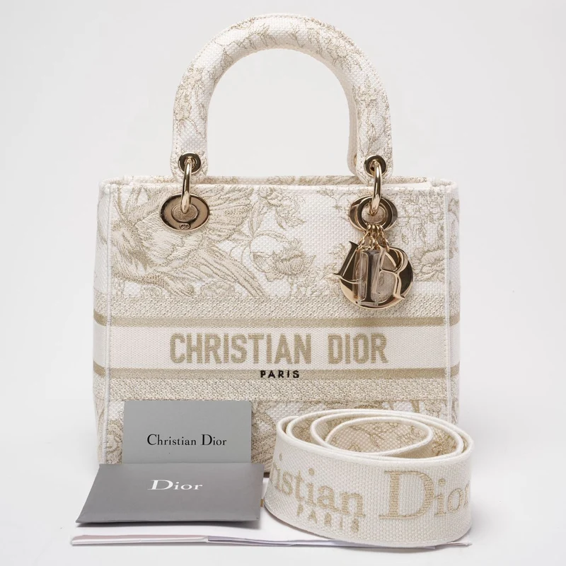 Christian Dior Weiß/Gold Canvas Rückseite bestickt Toile De Joy Medium Lady D-Lite