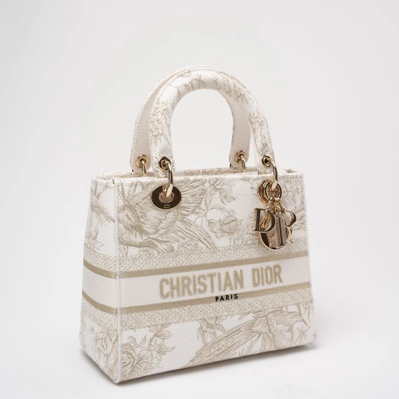 Christian Dior Weiß/Gold Canvas Rückseite bestickt Toile De Joy Medium Lady D-Lite