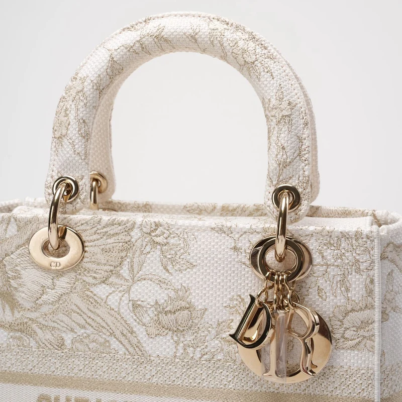 Christian Dior Weiß/Gold Canvas Rückseite bestickt Toile De Joy Medium Lady D-Lite