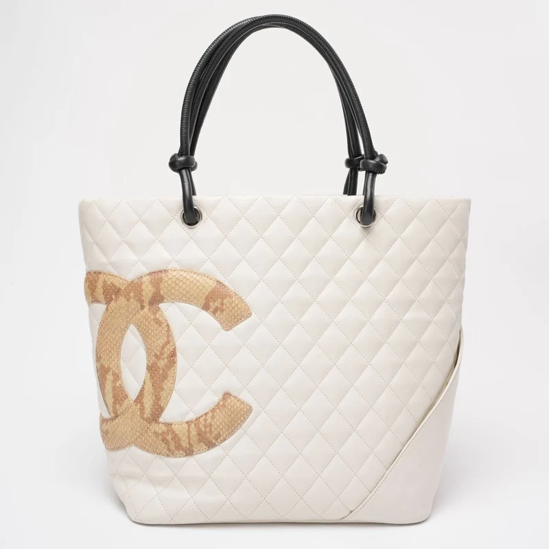 Chanel Cambon CC Tote Bag Großes weißes Lammleder