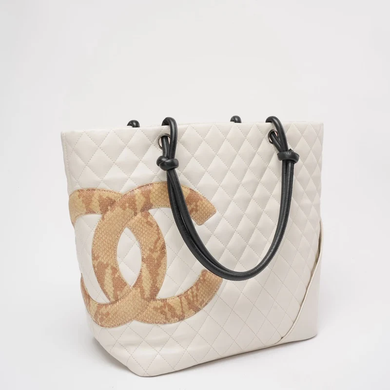 Chanel Cambon CC Tote Bag Großes weißes Lammleder