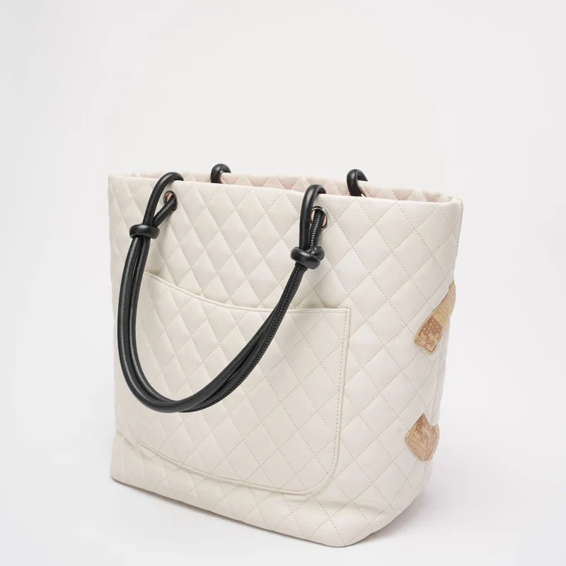 Chanel Cambon CC Tote Bag Großes weißes Lammleder