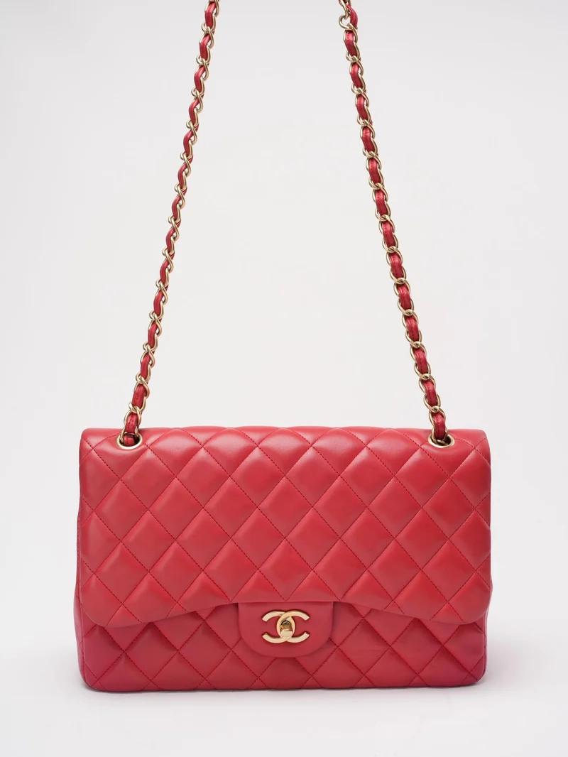 Chanel Timeless Classic Double Flap Jumbo Bag Rotes Lammleder Preloved