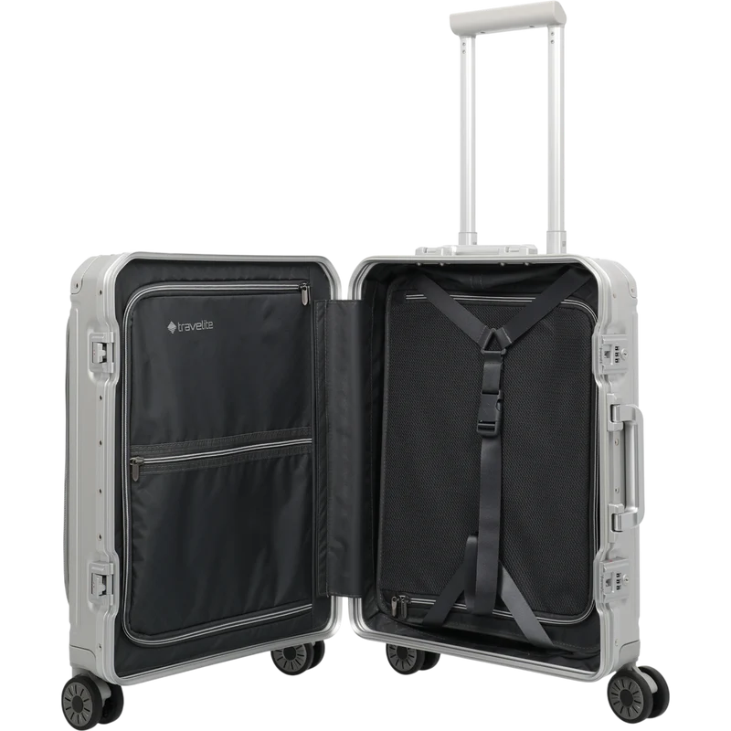 Travelite Next 4-Rollen-Bordtrolley aus Aluminium mit Vortasche 55 cm -Silber