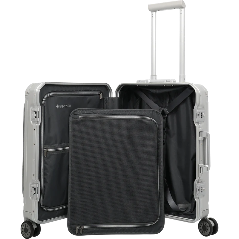 Travelite Next 4-Rollen-Bordtrolley aus Aluminium mit Vortasche 55 cm -Silber