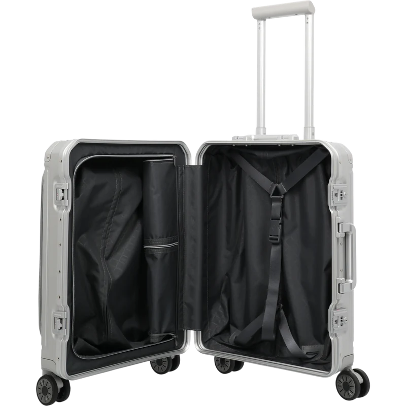 Travelite Next 4-Rollen-Bordtrolley aus Aluminium mit Vortasche 55 cm -Silber