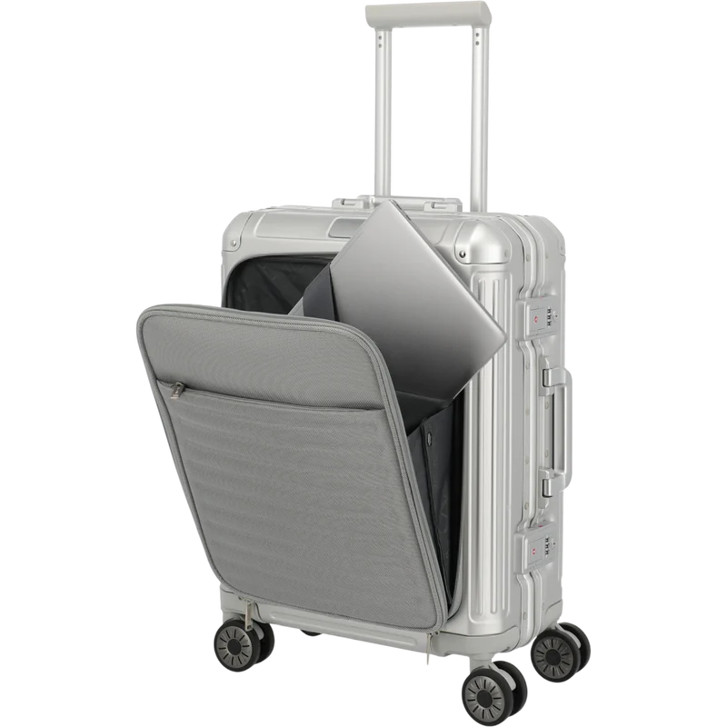 Travelite Next 4-Rollen-Bordtrolley aus Aluminium mit Vortasche 55 cm -Silber