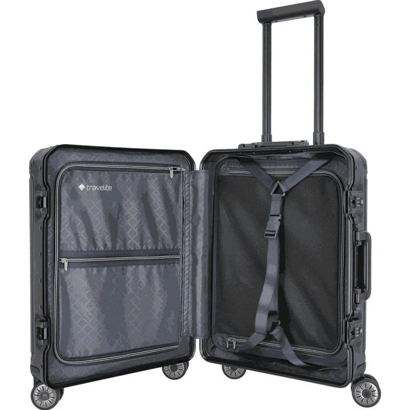 Travelite Next 4-Rollen-Bordtrolley aus Aluminium mit Vortasche 55 cm -Schwarz
