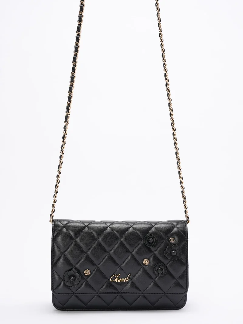 Chanel Geldbörse mit Kette (woc) Schwarze Camelia