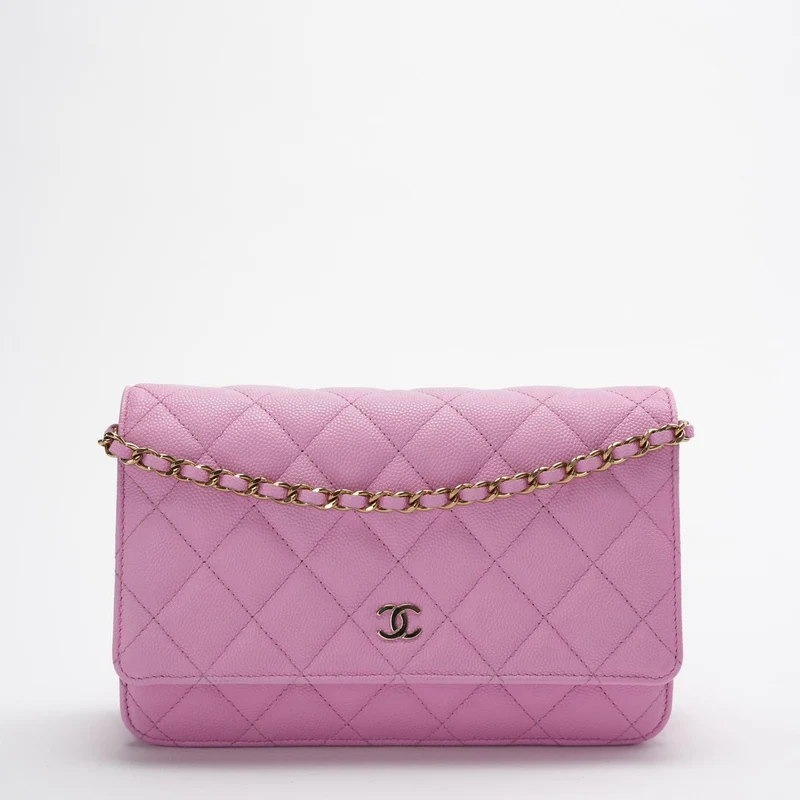 Chanel Geldbörse mit Kette in Rosa Kaviarleder Woc