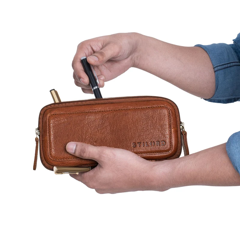 "Scotty" Leder Etui Vintage Hardcase mit Reißverschluss Federmappe