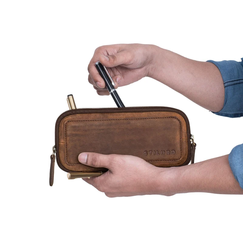 "Scotty" Leder Etui Vintage Hardcase mit Reißverschluss Federmappe