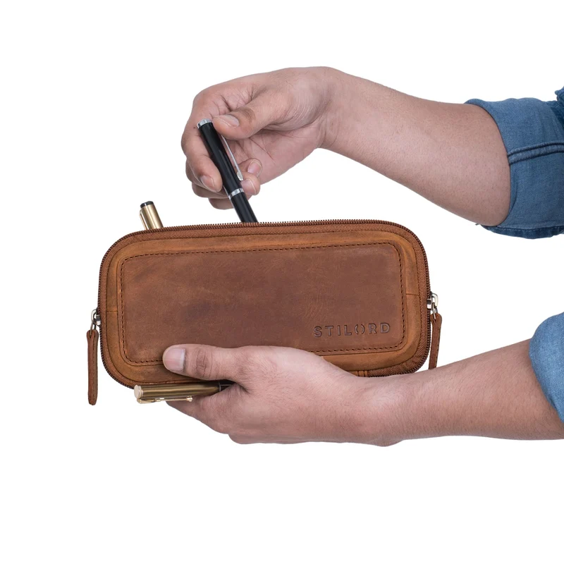 "Scotty" Leder Etui Vintage Hardcase mit Reißverschluss Federmappe